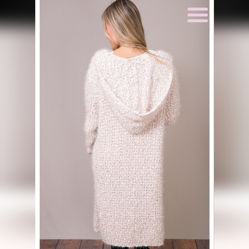 Women's POL Beige/White Eyelash Hooded Open Front Cardigan Sweater Size M. - Picture 2 of 7